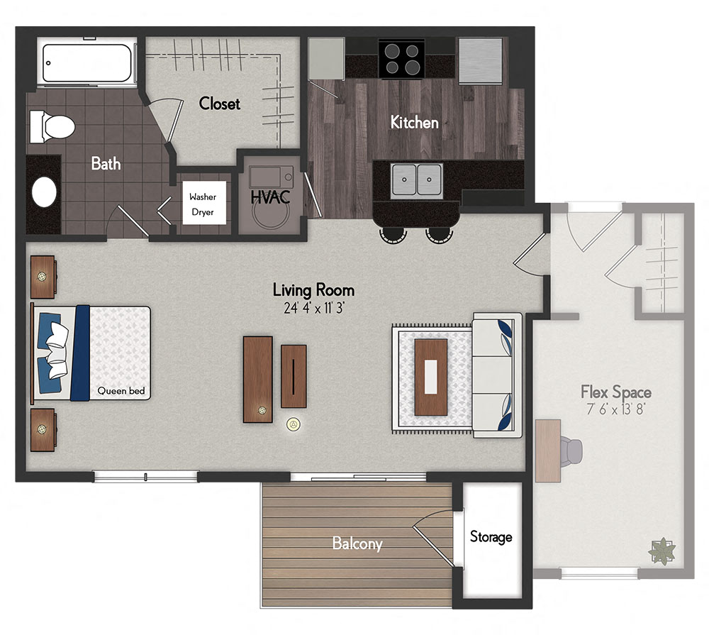 Floor plan for studio, 1 bath, 698 sqft